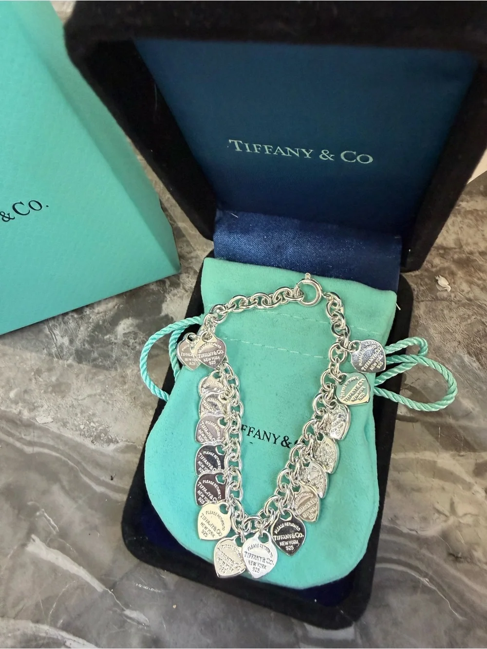 Tiffany & Co. Sterling Silver Multi-Heart Charm Bracelet with Signature Blue